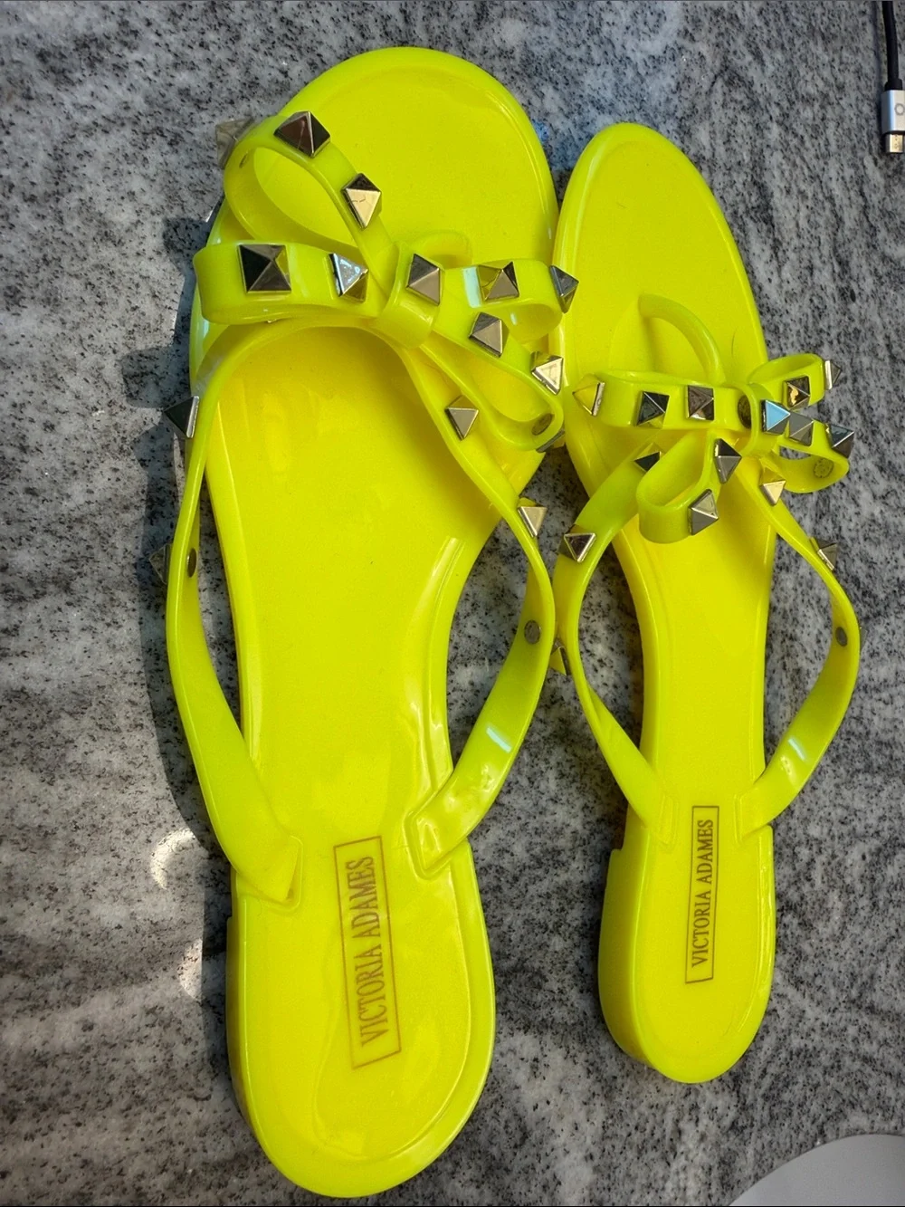 Victoria Adams Neon Yellow Studded Bow Jelly Sandals